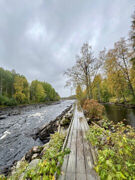 An equipped trail for walking along the river in Finland.