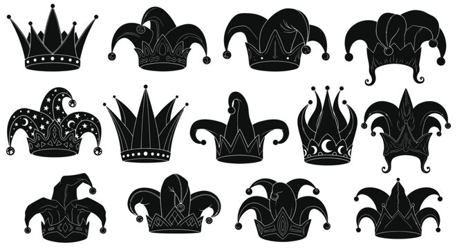 Jester Hats and Crowns Collection - Silhouette Icons for Carnival and Celebration