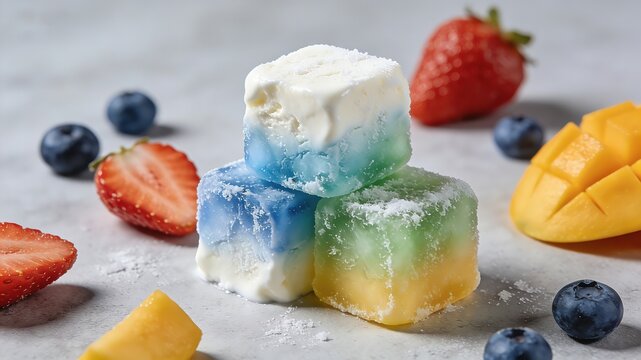 Colorful Frozen Yogurt Cubes with Blue, Green and Yellow Layers on Gray Background