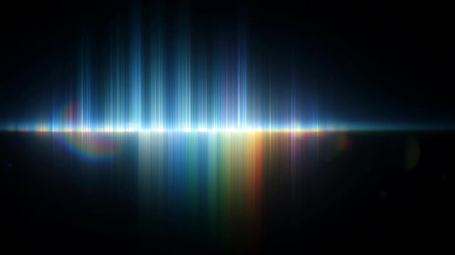 Abstract animation dark background refraction effect loop looping render gradient futuristic iridescent shape seamless reflected light color bands forming radiant horizon line with vertical light