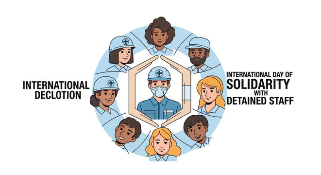 Illustration of diverse people in solidarity with detained staff on International Day of Solidarity with Detained and Missing Staff in a circular design with blue tones and a humanitarian