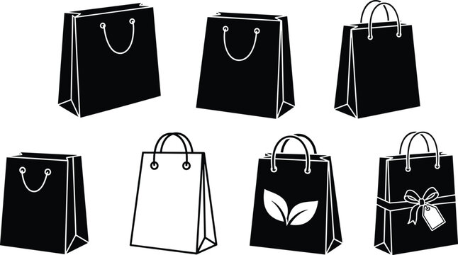 Shopping Bag Silhouette Icon Set with Retail Paper Bags for Store Sale Marketing Ecommerce and Consumer Purchase Design