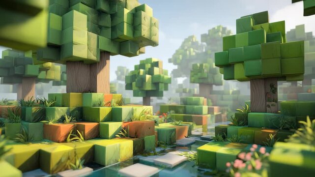 A colorful 3D voxel forest features cubic trees, bright foliage, and a tranquil stream under a clear sky. This digital artwork captures the playful essence of virtual nature environments