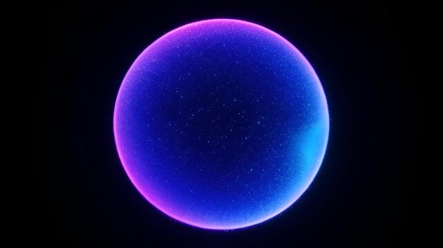 Glowing neon sphere with star texture and gradient rim purple and blue, futuristic orb floating black background with vibrant glowing blue and purple neon orb, space particle core, cosmic light trail