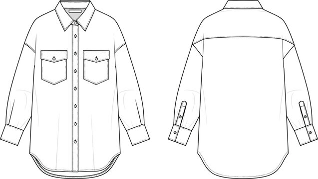 Oversized button-down shirt with chest pockets and long sleeves, technical fashion sketch, CAD flat vector illustration for apparel design template