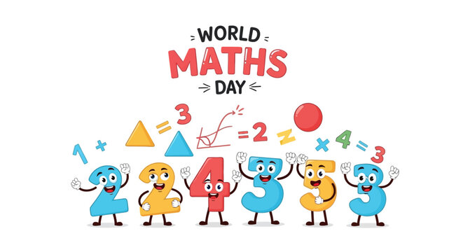 Colorful illustration of cartoon characters celebrating World Maths Day with math symbols and equations on a white background.