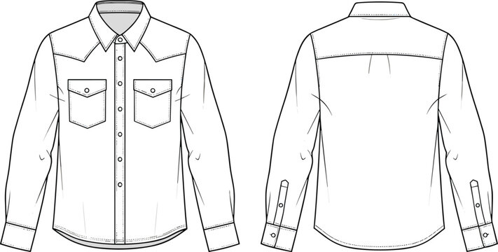 Western style long sleeve shirt with snap buttons and pockets, technical fashion sketch, front and back view, CAD flat vector illustration
