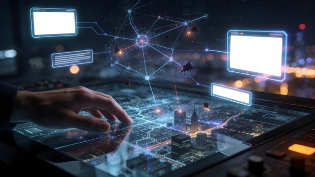 Smart City Cybersecurity Network Hologram with Blank UI Mockup Panels