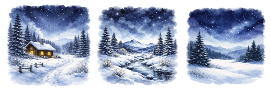 A beautiful collection of watercolor winter night sky landscapes, featuring snowy cabins, pine forests, mountain streams, and starry skies isolated on a transparent background.