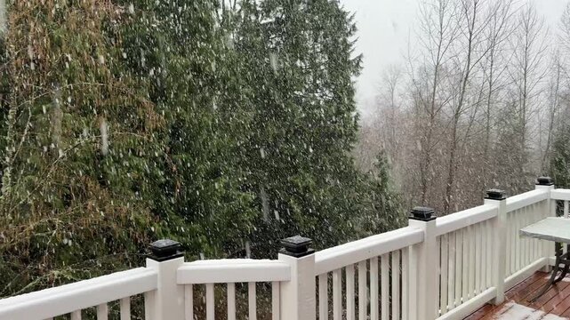 View from home deck of a late winter snow storm with woods in the background  