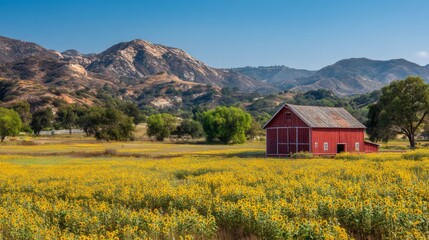 Fototapeta premium Serene Red Barn Surrounded by Vibrant Yellow Sunflowers in a Scenic Landscape with Mountains Under a Clear Blue Sky