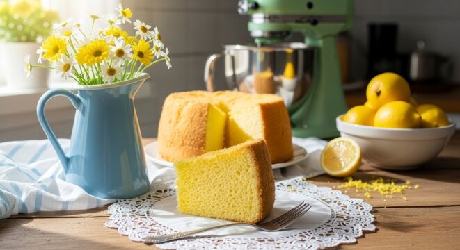 Delicious cake with lemons and kitchen tools for culinary and food photography