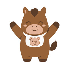 Obraz premium Cartoon Happy Horse with Pig Bib Illustration Vector, Cute Animal Character for Children