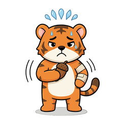 Fototapeta premium Cartoon Tiger with Bandaged Arm and Ice Pack, Sad Expression, Vector Illustration