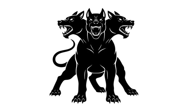Three headed Cerberus dog silhouette in powerful symmetrical pose black mythological creature vector isolated on white