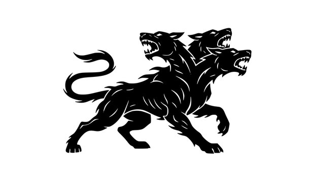 Dynamic Cerberus three headed dog silhouette in aggressive motion pose black fantasy creature vector isolated on white