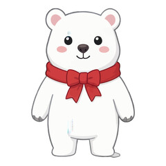 Fototapeta premium Cute Polar Bear with Red Bow Vector Illustration, Isolated on Transparent Background for Greeting Cards, Children'S Design, and Holiday Themes