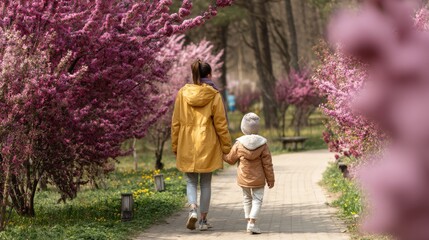 Fototapeta premium A mother and child walking hand in hand in a spring park