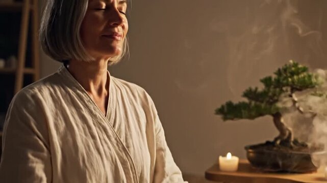 Person meditating with diffuser and candles in tranquil home setting