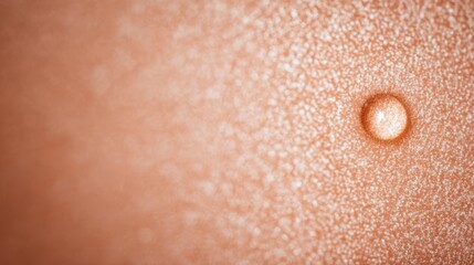 Fototapeta premium Delicate spherical droplet sits on a warm peach-toned granular surface in extreme close-up, evoking purity and calm for skincare, hydration, or minimalist background concepts.