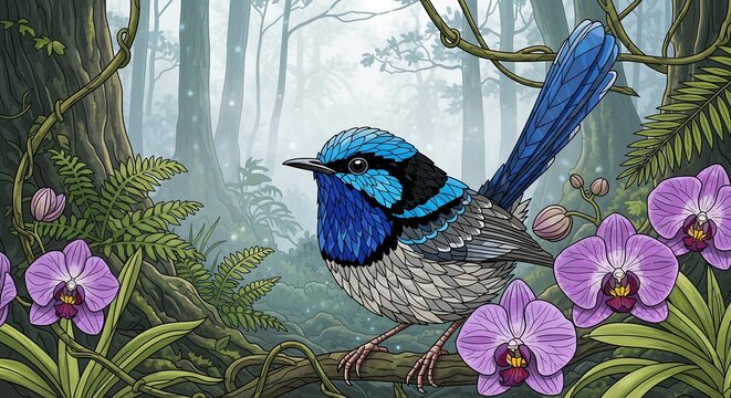 a Superb Fairy-wren in a misty rainforest, 16:9 ratio. Bird features electric blue and charcoal geometric segments. Background shows ancient trees and ferns with a soft misty glow. Surrounding the bir