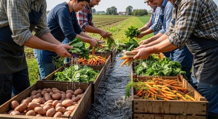 Fototapeta premium Farmers harvest and sort fresh vegetables in a lush green field on a sunny day.