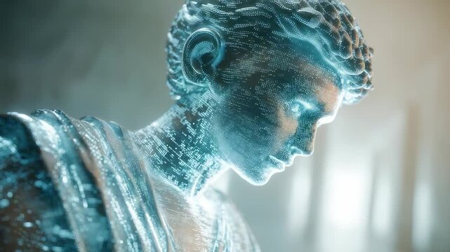 Close up digital statue inspired by classical art, illuminated with glowing blue patterns. This merges timeless aesthetics with cutting edge digital effects for unique visual impact