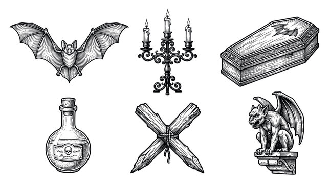 A set of vintage gothic horror icons for Halloween. Includes bat, coffin, and gargoyle in a detailed engraving style. Perfect for spooky designs, tattoos, or party decor.