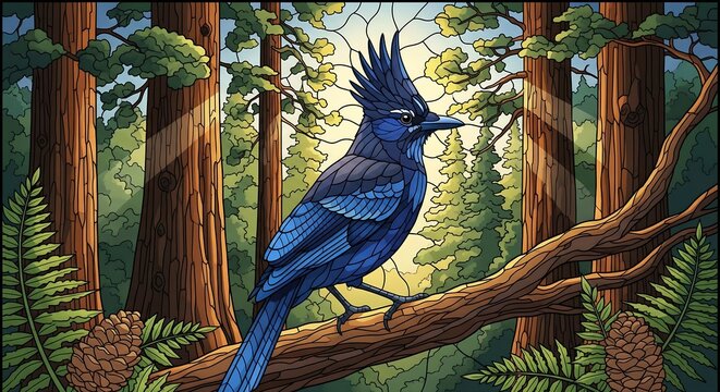 A majestic stained-glass mosaic of a Stellar&rsquo;s Jay perched on a redwood branch, 16:9 ratio. Bird in midnight blue and black with a high crest. Background features towering Sequoia trees and sunbeams f