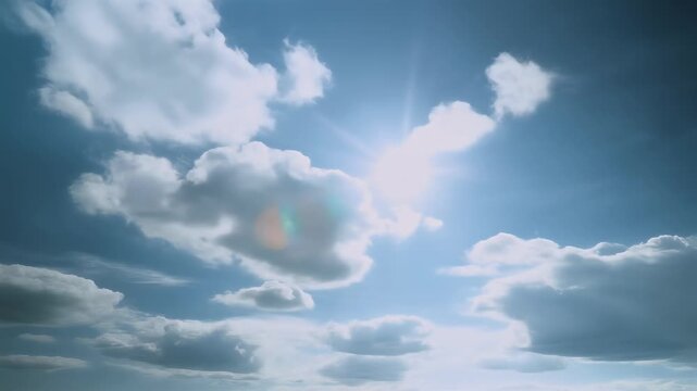 Cinematic bright sun emerging from behind drifting white clouds in a clear blue sky, creating a peaceful and optimistic atmosphere.