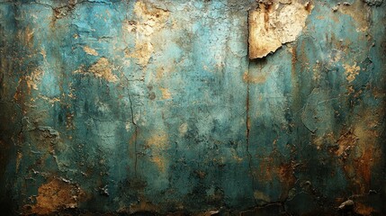 Teal and gold textured wall; aged, peeling paint; grunge background; design element