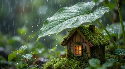 Obraz premium A Tiny moss house protects from the pouring rain, evoking a feeling of serenity and fairy-tale. The leaves creating a beautiful canopy over the home and protecting it from rain