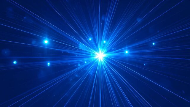 Bright blue light burst radial laser beams and lens flare with glowing particles neon blue particle beam radial energy flare creating dynamic futuristic abstract motion and luminous depth evocative