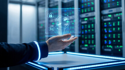 Fototapeta premium Cybersecurity Expert Presenting Digital Globe Security Data Hologram