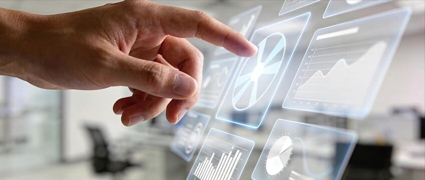 Futuristic technology data digital touchscreen interface with analytics business dashboard graph statistic chart screen innovation modern office blur virtual display icon future analysis finance hand