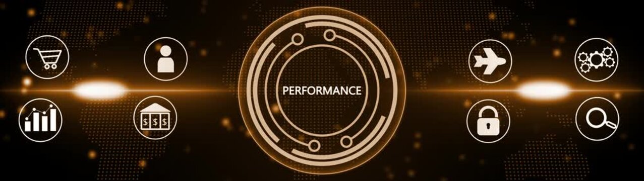 Digital interface showcasing the word PERFORMANCE in a central glowing orange circle surrounded by various business and technology on a dark map background with bright light streaks