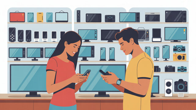 Couple shopping for electronics man and woman browsing smartphones in store with various gadgets on display