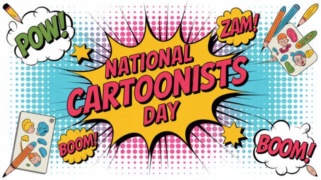 Vibrant comic book style illustration celebrating national cartoonists day with dynamic text and colorful effects