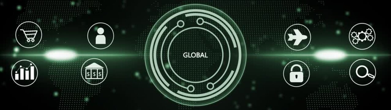 Dark digital panorama featuring a glowing green circular hub with the word GLOBAL at its core, set against a map and surrounded by various business and technology
