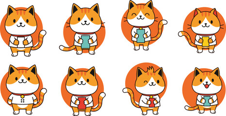 Fototapeta premium Cute Cartoon Cat Illustration Set with Orange Kittens Holding Cups in Different Poses for Stickers, Social Media, Kids Design, and Mascot Use