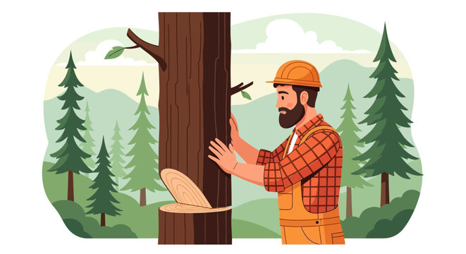Lumberjack man cutting tree with axe in forest landscape illustration