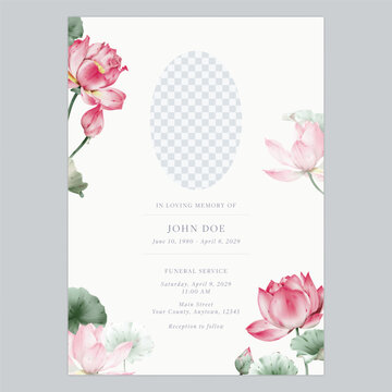 Minimalist funeral invitation featuring watercolor-style pink lotus flowers and an oval photo placeholder on a soft pale cream background
