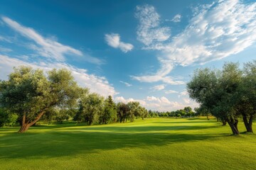 Obraz premium Lush Green Golf Course Under a Bright Blue Sky.