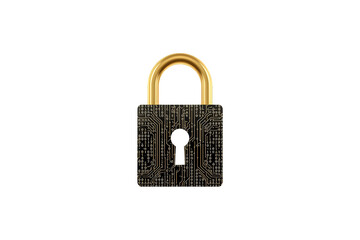 Fototapeta premium Cybersecurity padlock representing digital data protection and internet privacy with circuit board pattern and binary code