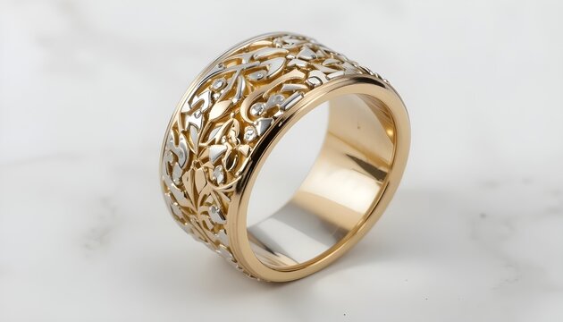 Two-tone gold and silver ring with unique pattern, modern fashion look