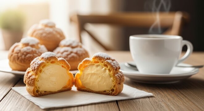 Close-Up Studio Shot of Creamy Custard Cream Puff with Delicious Sizzle Texture