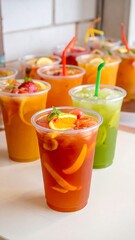 Fototapeta premium A colorful array of refreshing drinks with straws and fruit