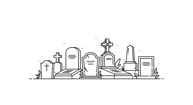 Cemetery graveyard tombstone line art illustration, funeral, death, memorial, eternal rest concept