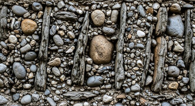 Gray pebbles and driftwood on a beach surface