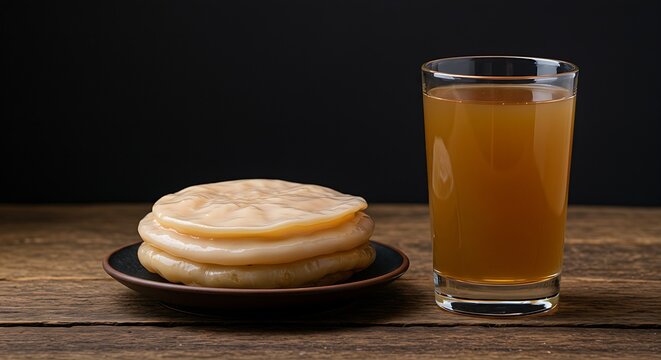 a rustic, whole kombucha scoby (Symbiotic Culture of Bacteria and Yeast) sitting on a small plate next to a glass of finished kombucha, emphasizing fermentation.